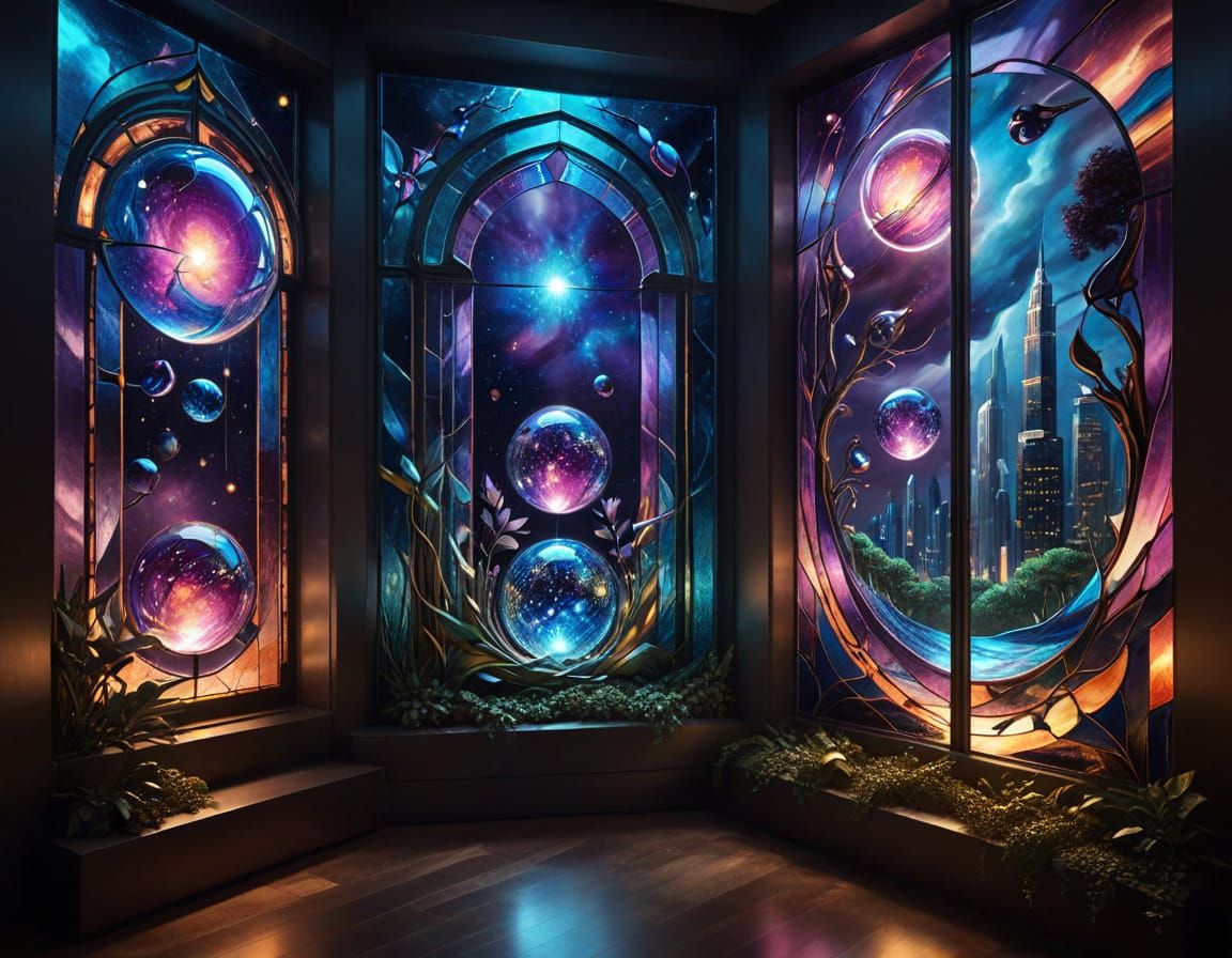 Different places through stained glass windows