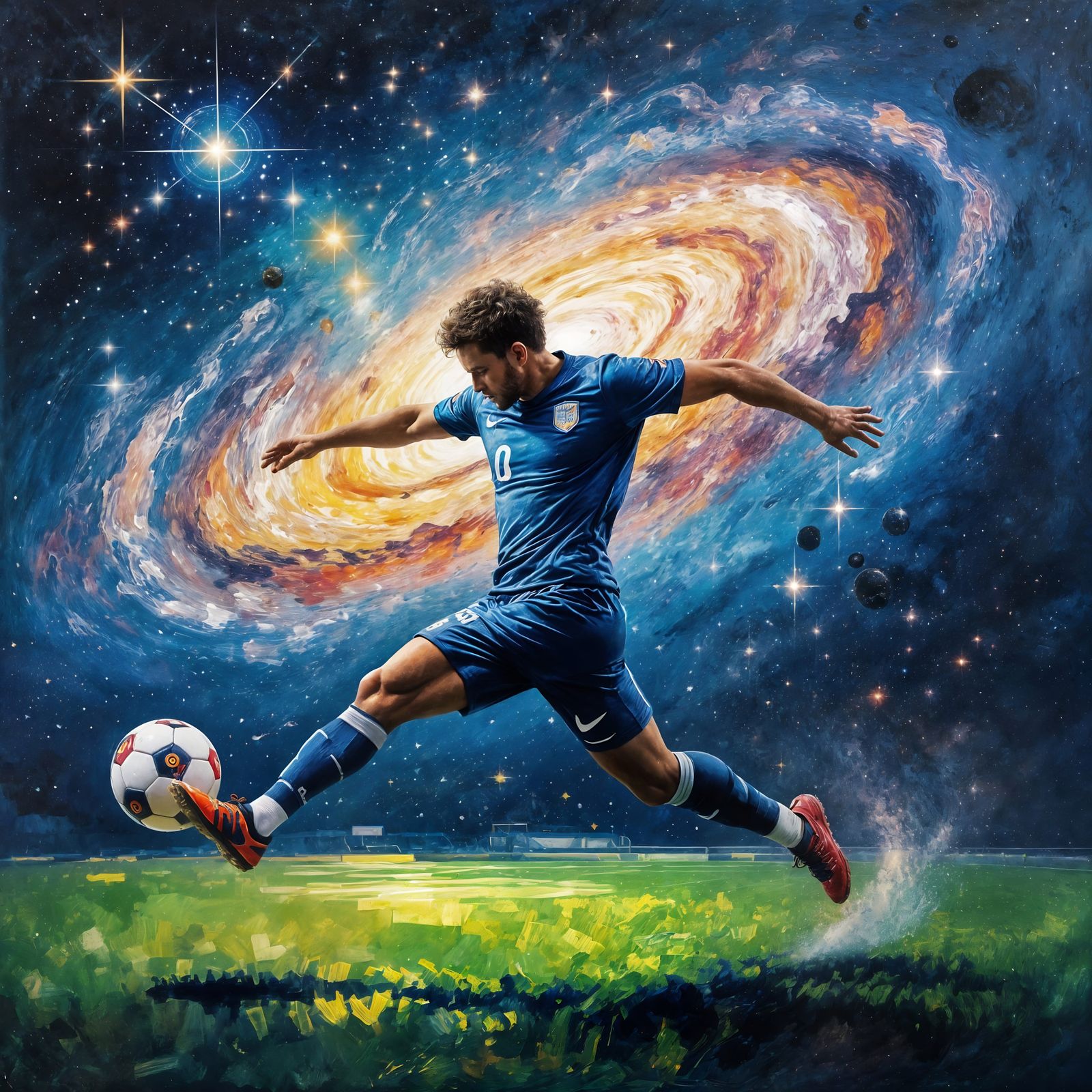 Cosmic Footballer Mid-Kick In Impressionistic Oil Painting S...