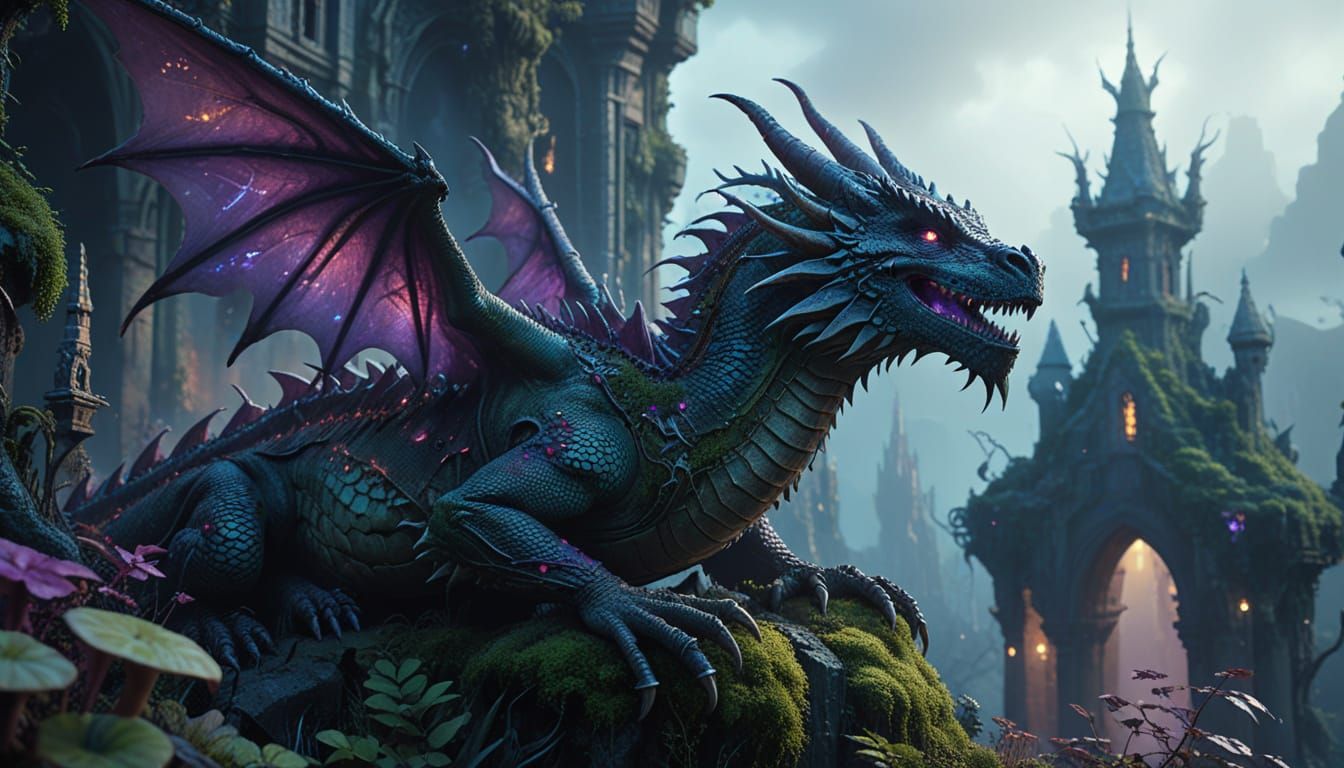 Ancient Dragon Guards Overgrown Futuristic Cityscape