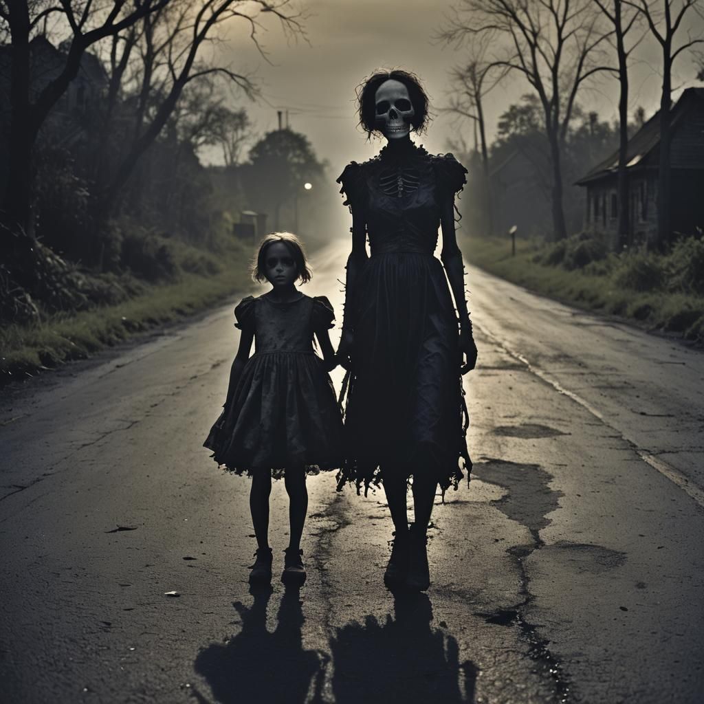 Sinister Skeleton Silhouette on Lonely Road