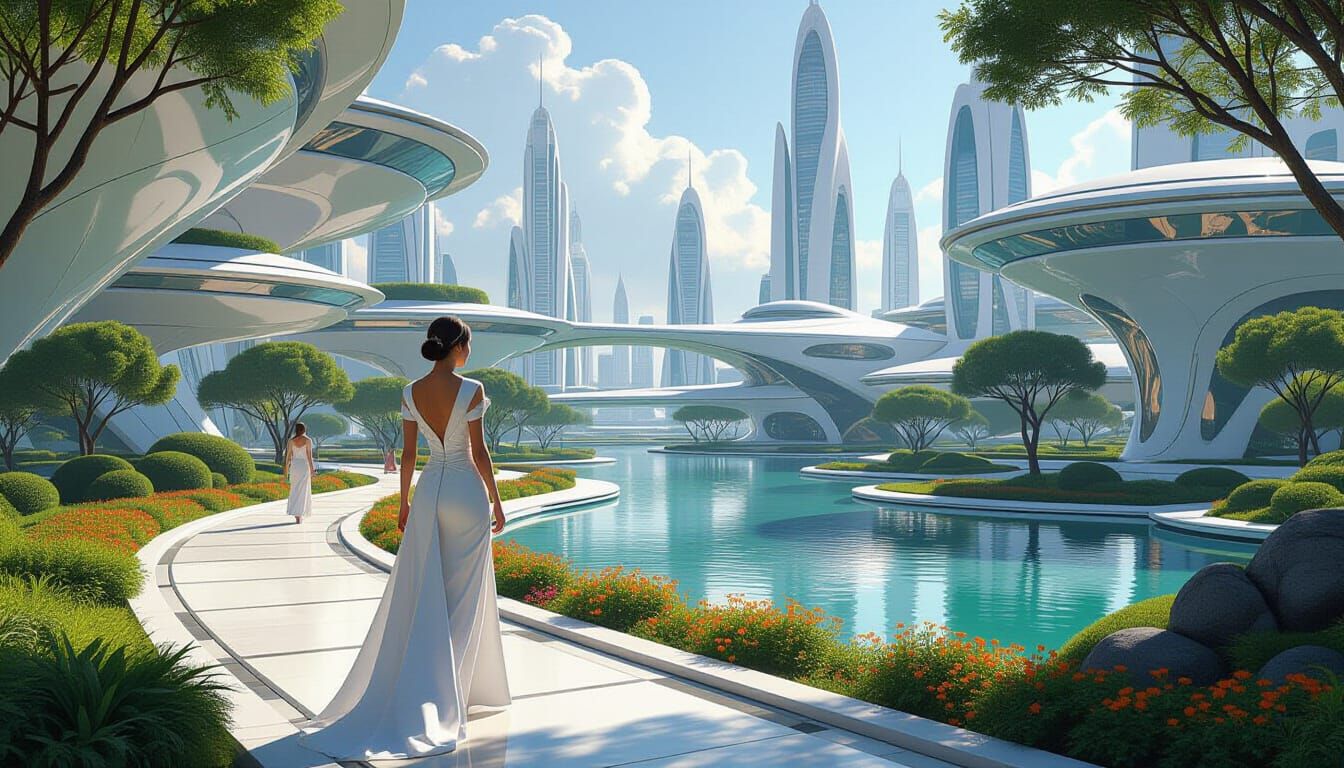 Utopian Frutiger Cityscape Inspired by Syd Mead