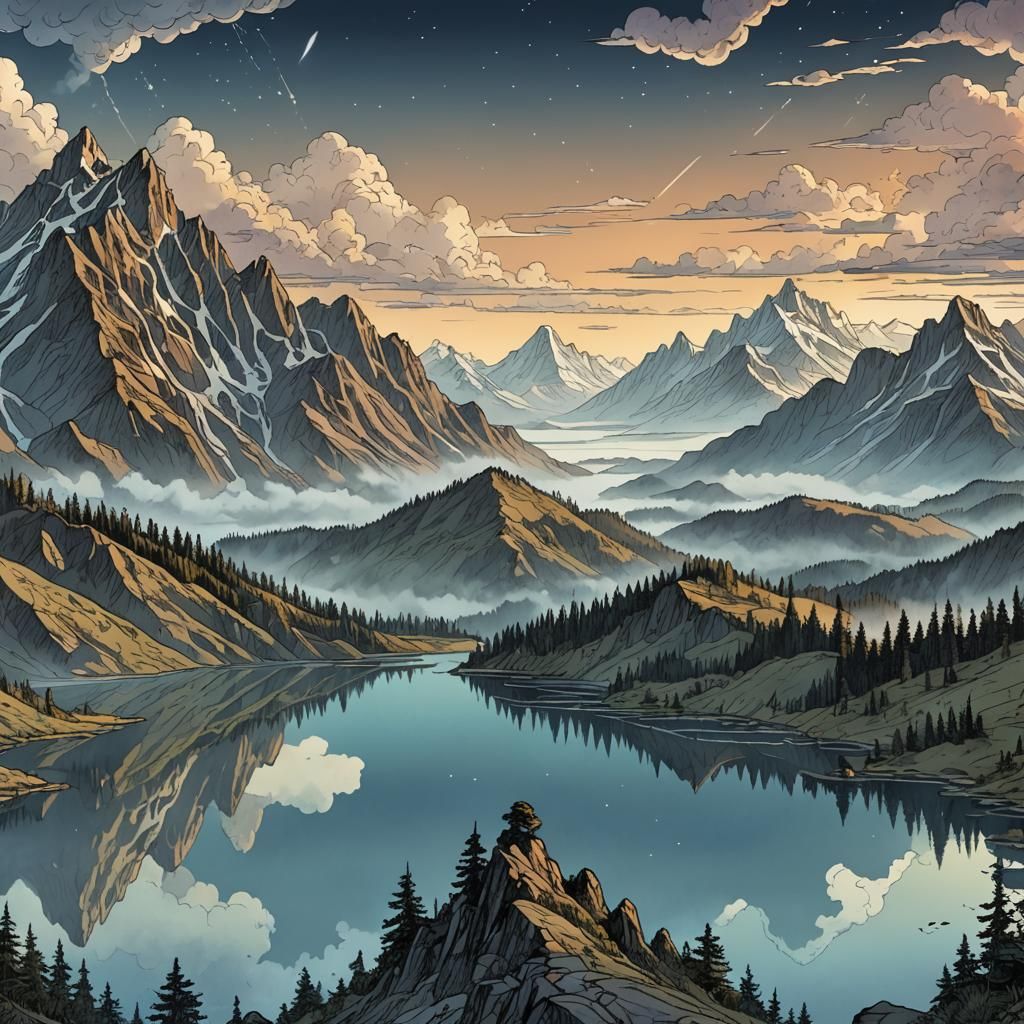 Panoramic Lake and Mountains at Dusk in Retro Style
