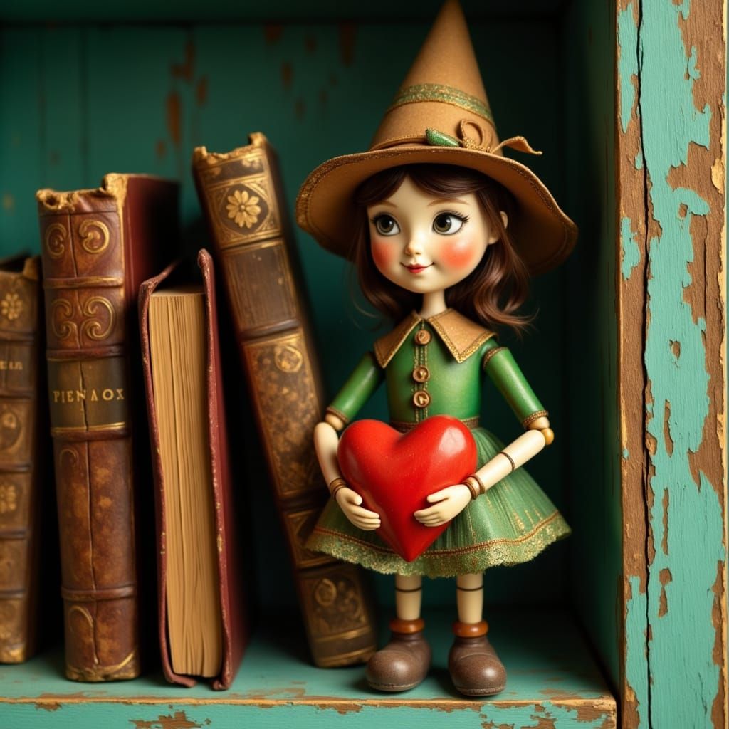 Vintage Whimsy: A Pinocchio Figurine on a Turquoise Shelf