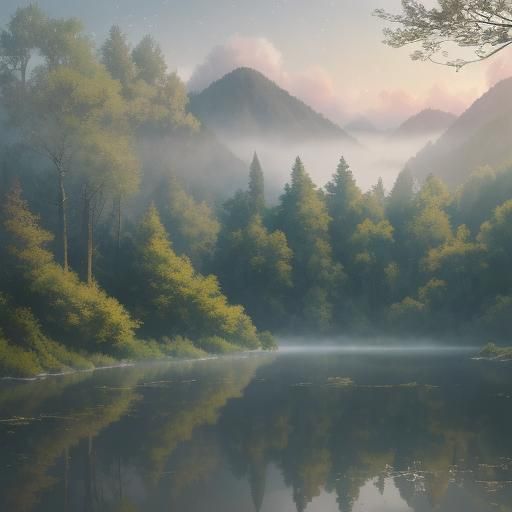 Serene Lake Scene in Misty Morning Light