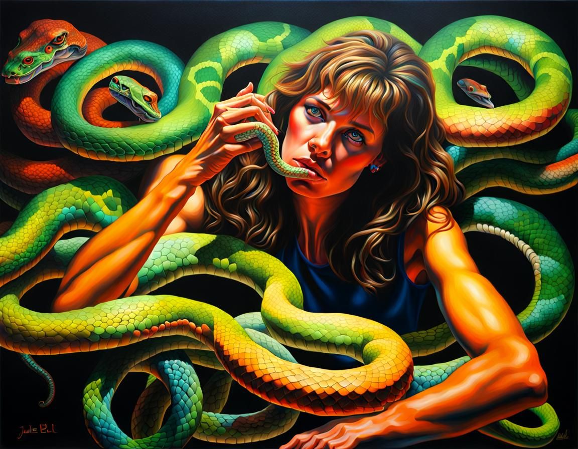 Crystal Neon Snakes on Woman: Oil Painting
