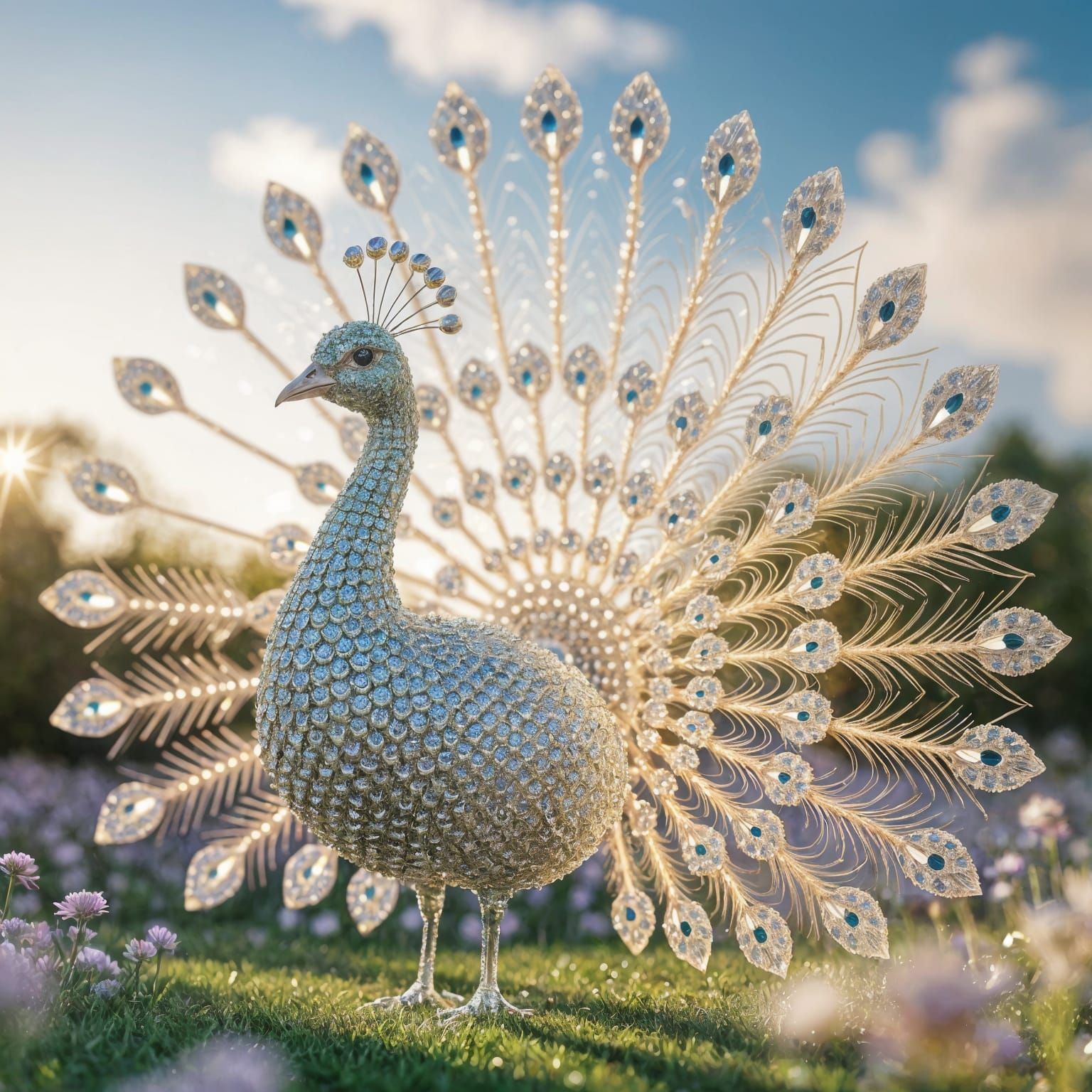 Crystal Peacock in a Sunlit Garden