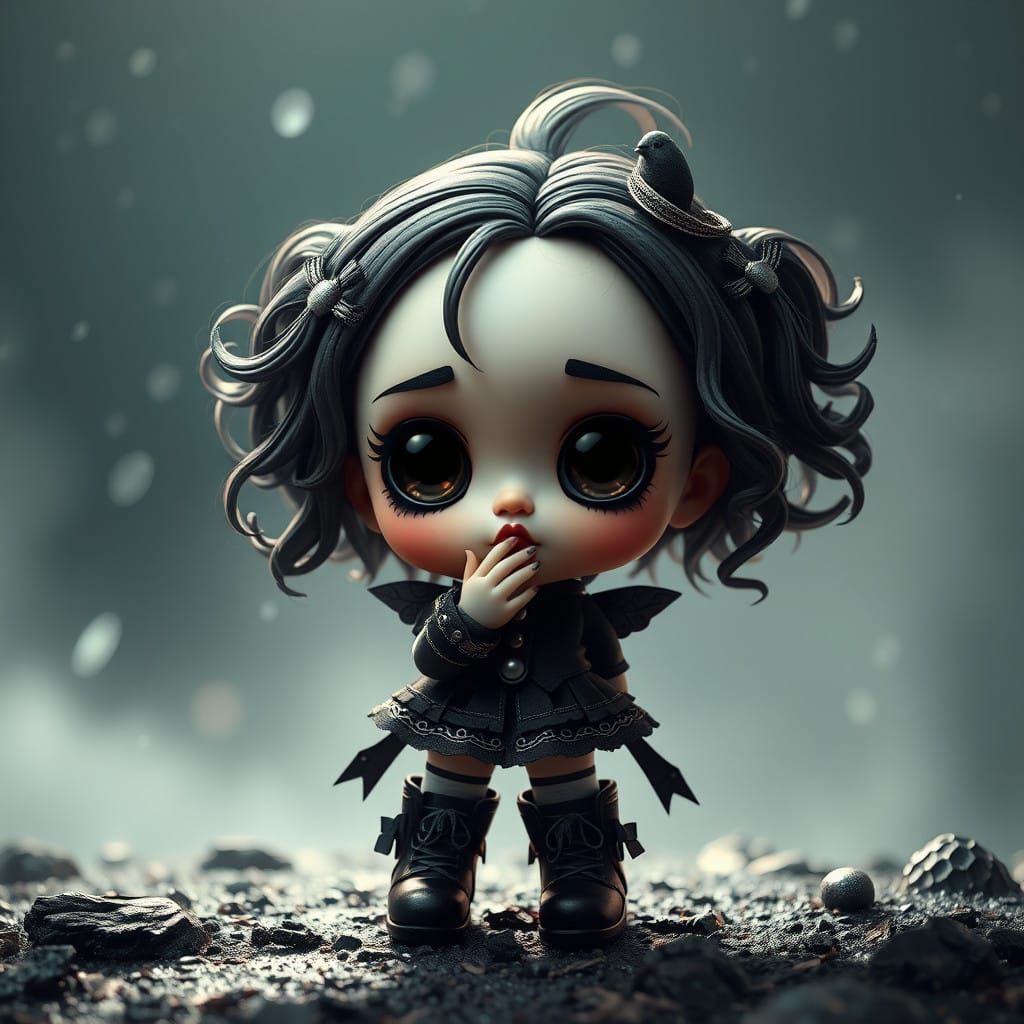 Gothic Chibi Doll Blows a Kiss in a Shimmering Black Night S...