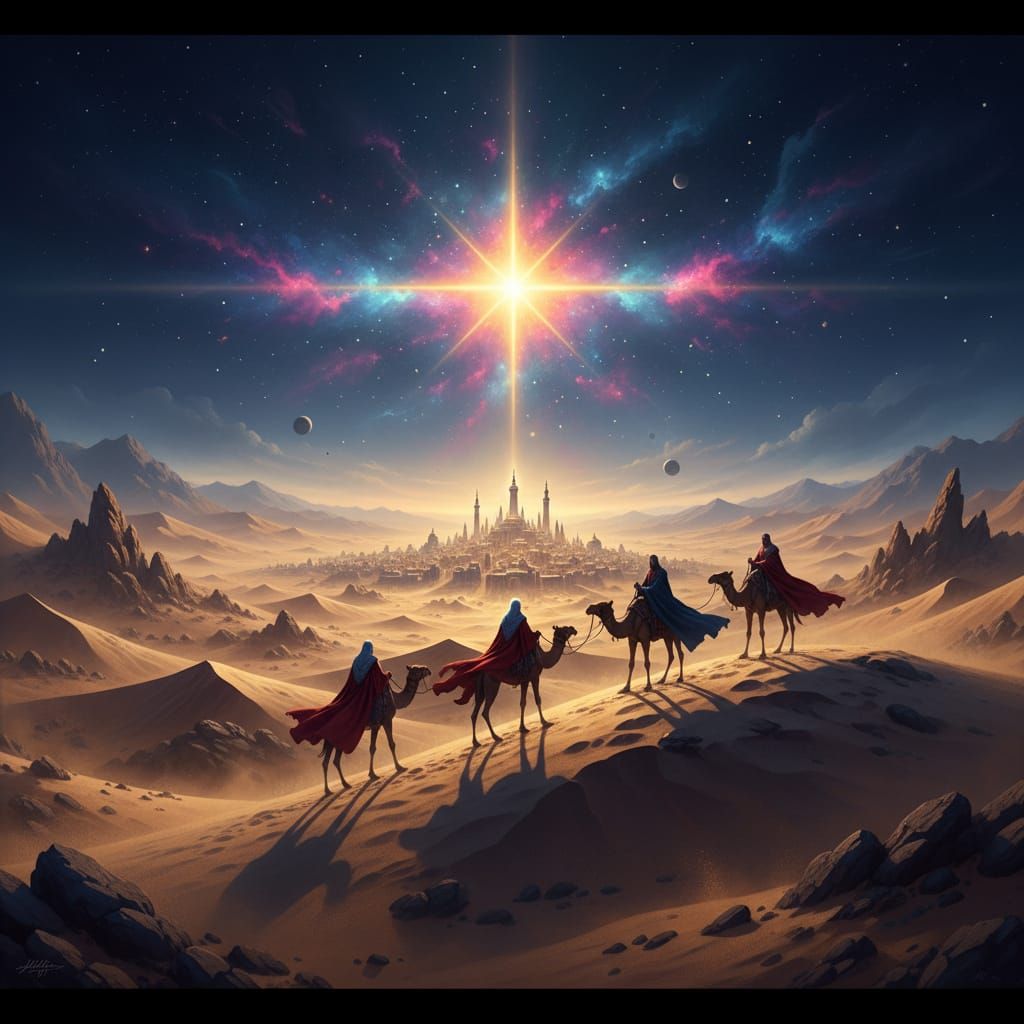 Cinematic Desert at Dusk with Starry Sky and Travelers