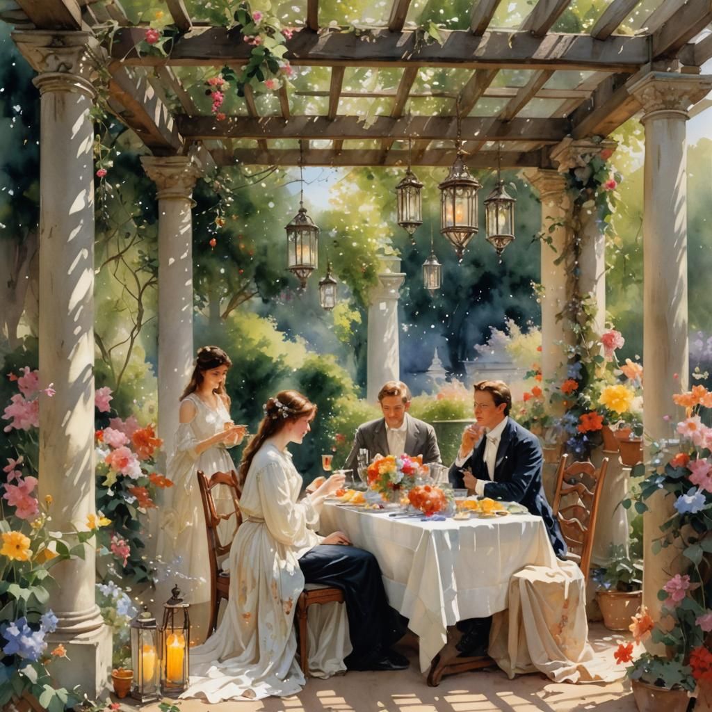 Vibrant Watercolor Lunch Under a Crystal Pergola