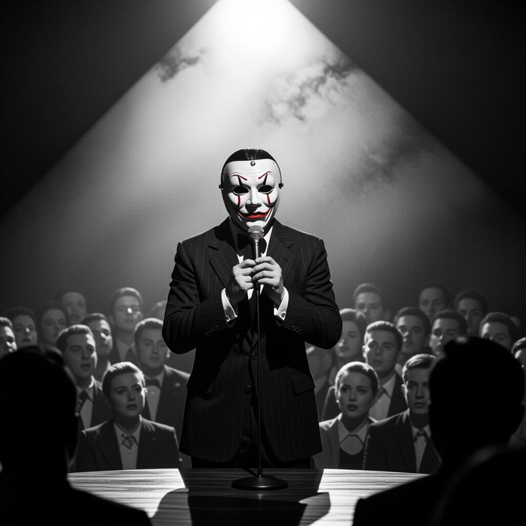 Comedian in Eerie Mask Faces Heckling Crowd in Noir Style