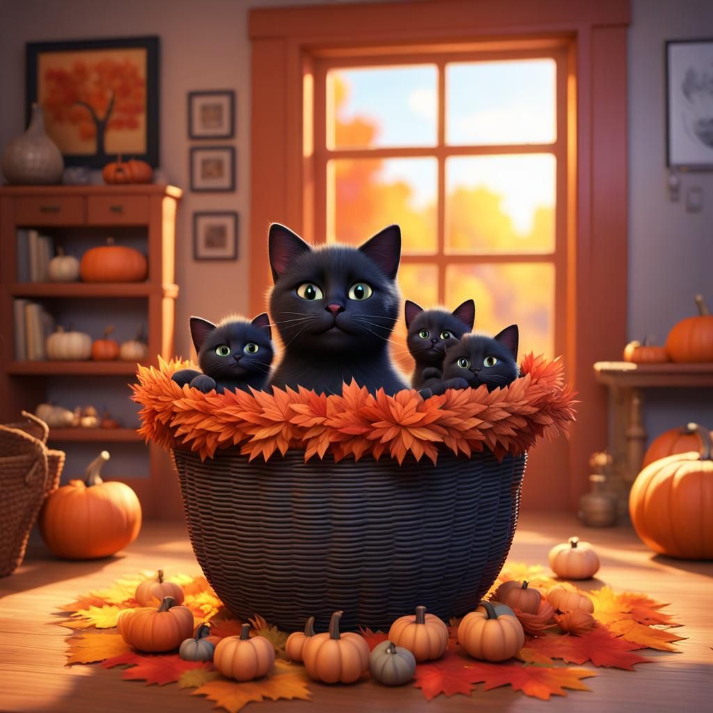 Cute Black Cat Family in Cozy Fall Home