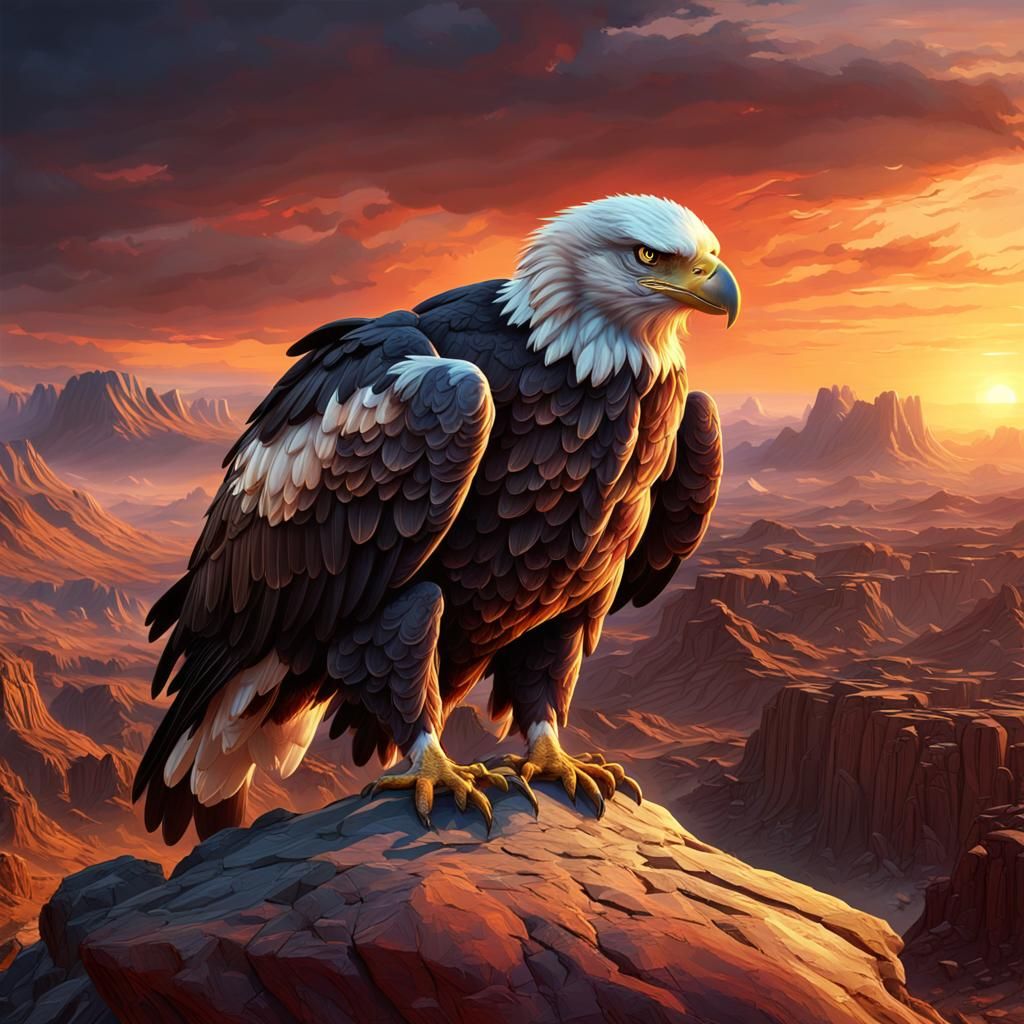 Grumpy Eagle at Sunset: Detailed Matte Painting