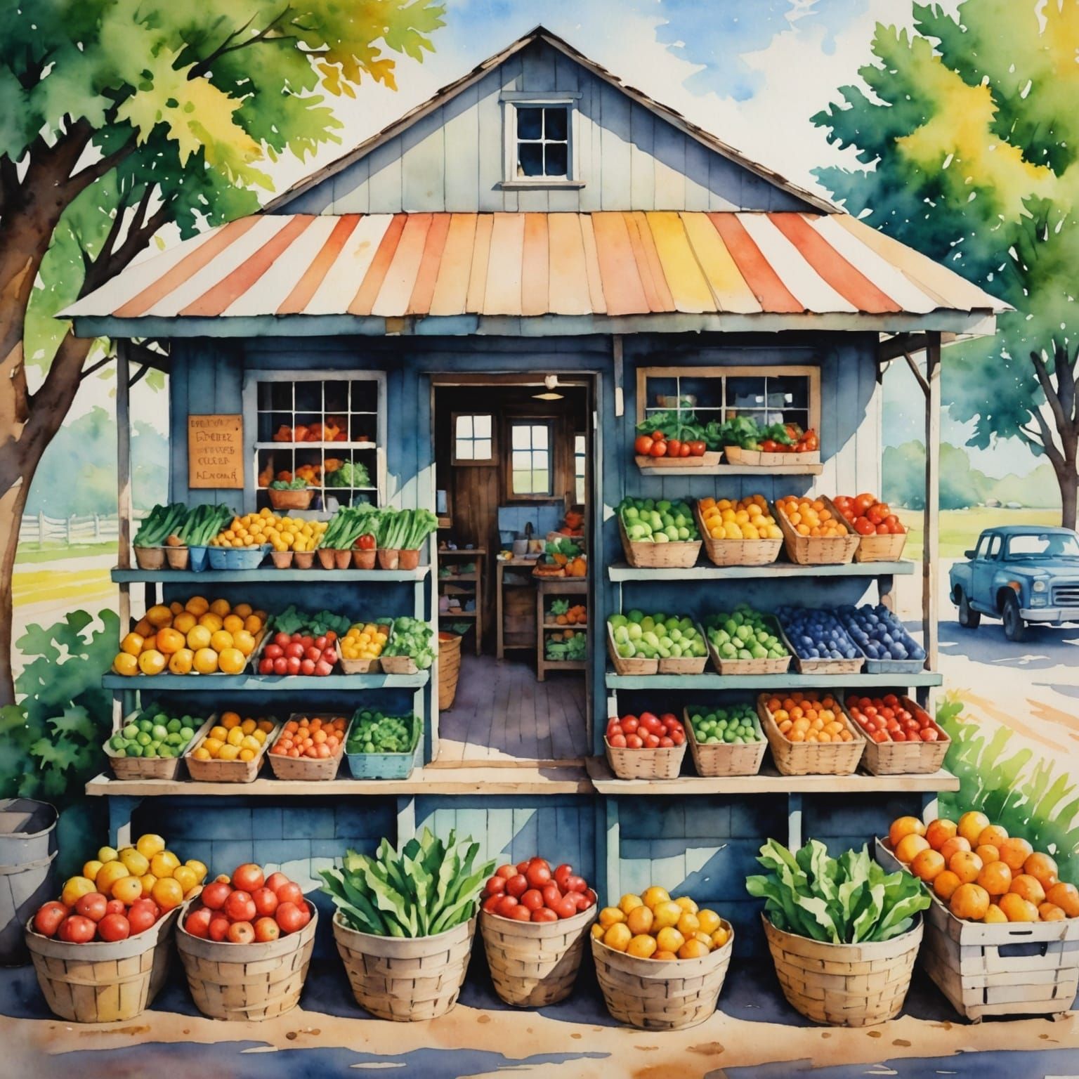 Vibrant Farmstand Watercolor Artwork