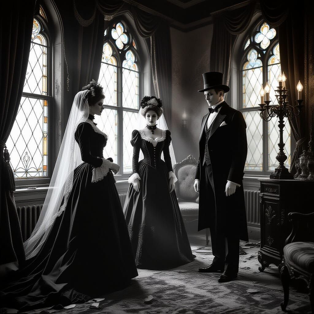 Ethereal Victorian Ghosts in Decaying Mansion, Sepia Photogr...