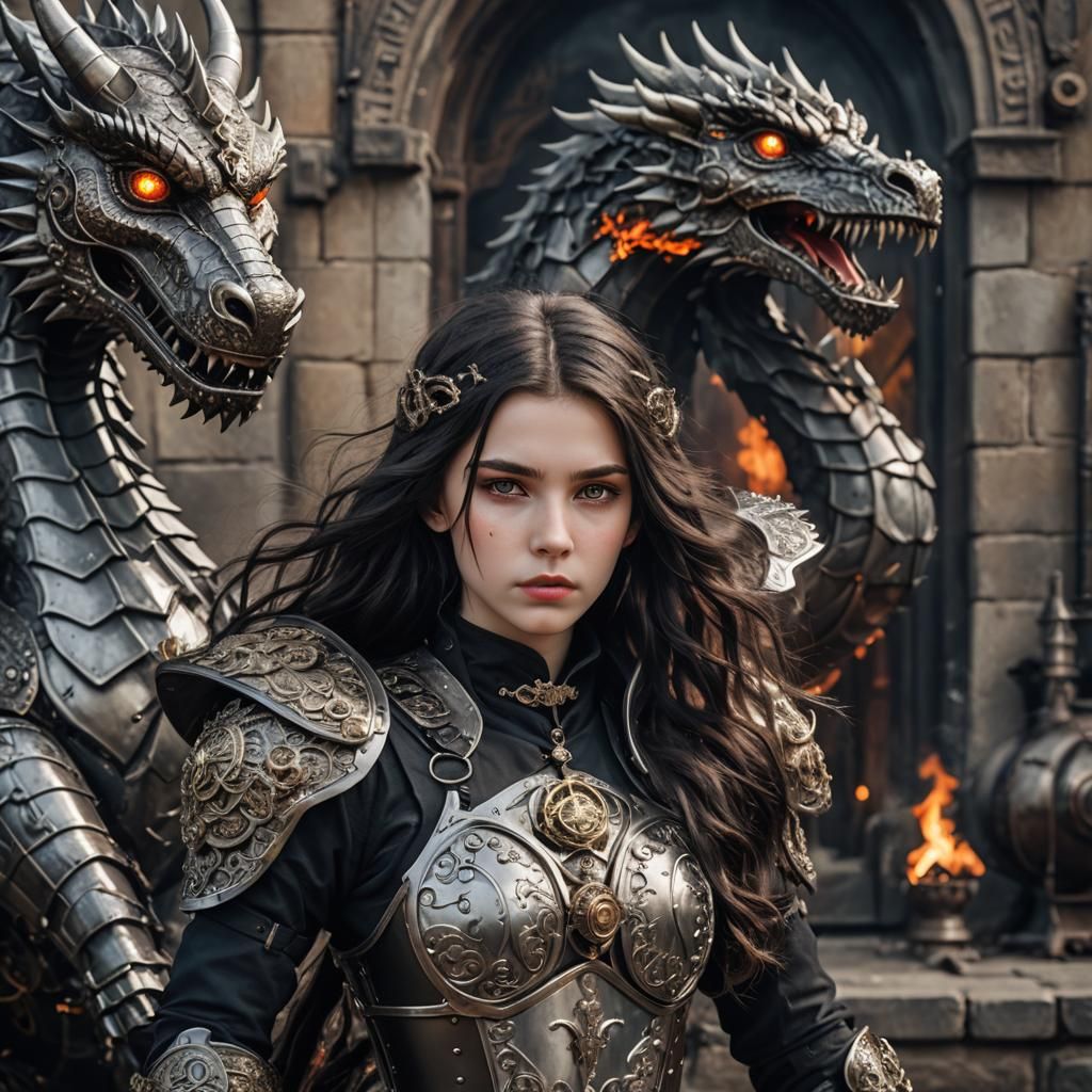 Steampunk Woman in Dragon Armor with Fire Background