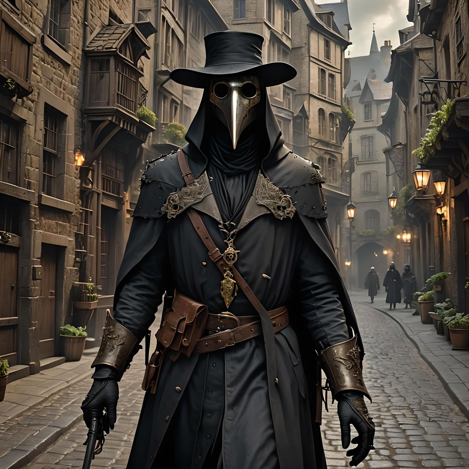 Eerie Plague Doctor in Medieval Street, Detailed Matte Paint...