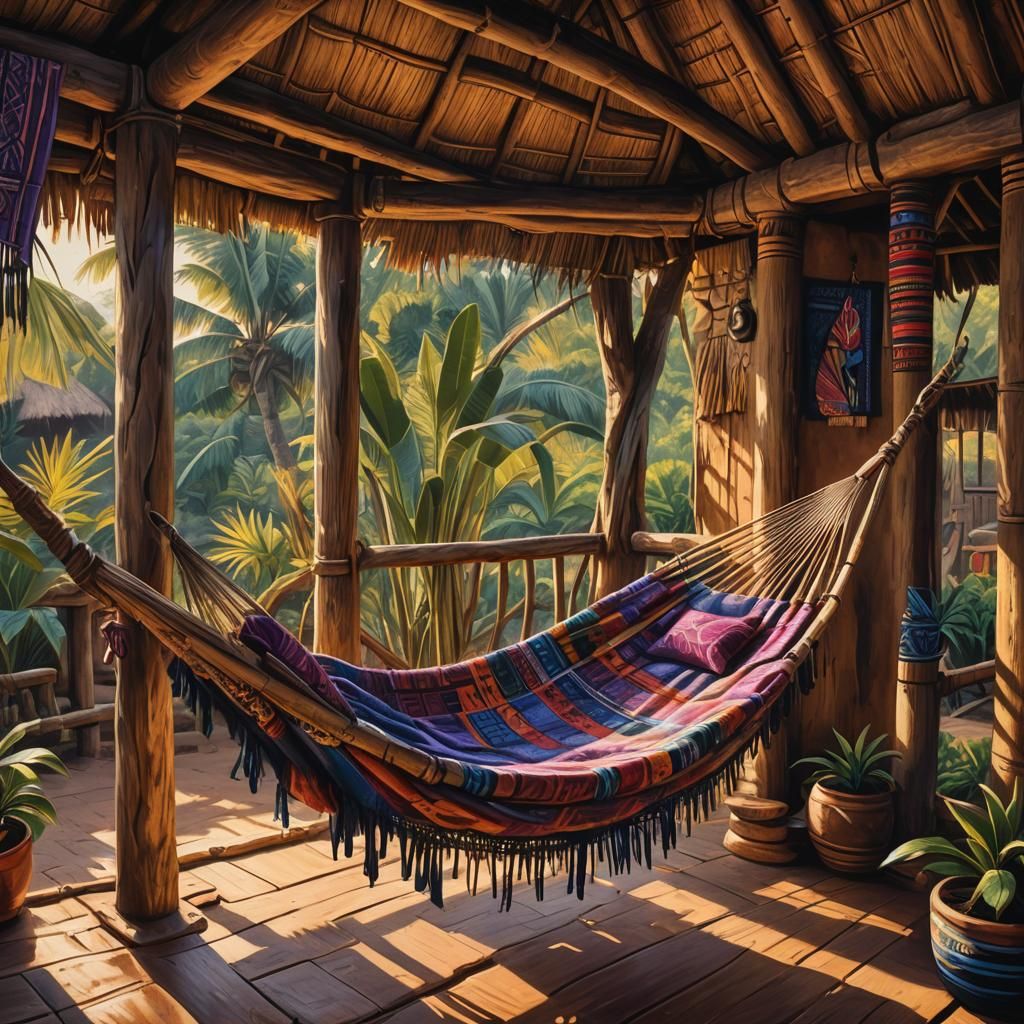 Ugandan Hut with Hammock: Fantasy Acrylic Art