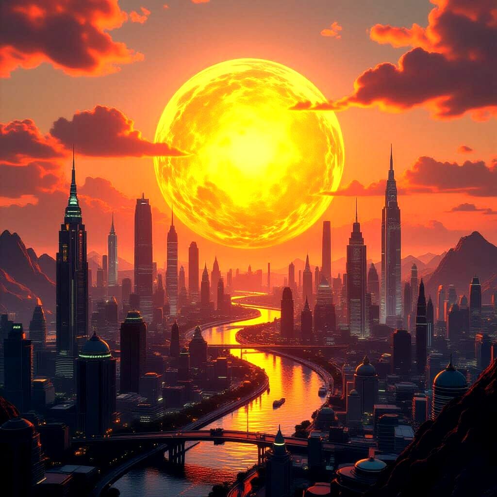 Futuristic Cityscape with Magical Sun