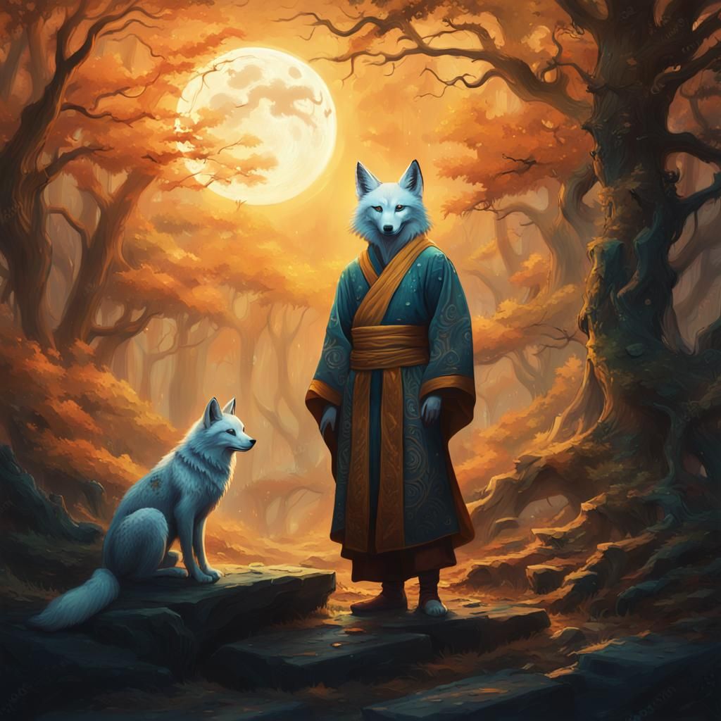 Mystical Moon Kitsune Monk in Forest Ruins