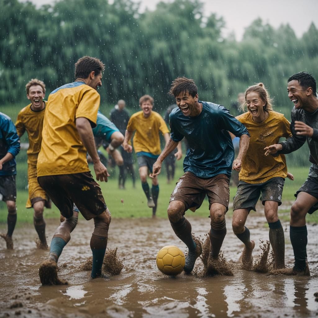 Friends Play Soccer in the Mud: Cinematic Still