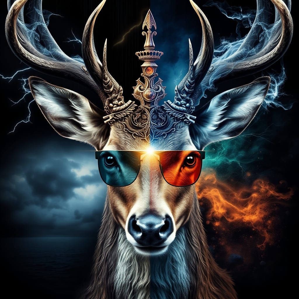 Mystical Deer Face Divided into Four Seasons