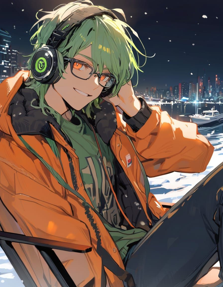 Cyberpunk Winter Harbour Scene with Orange Jacket