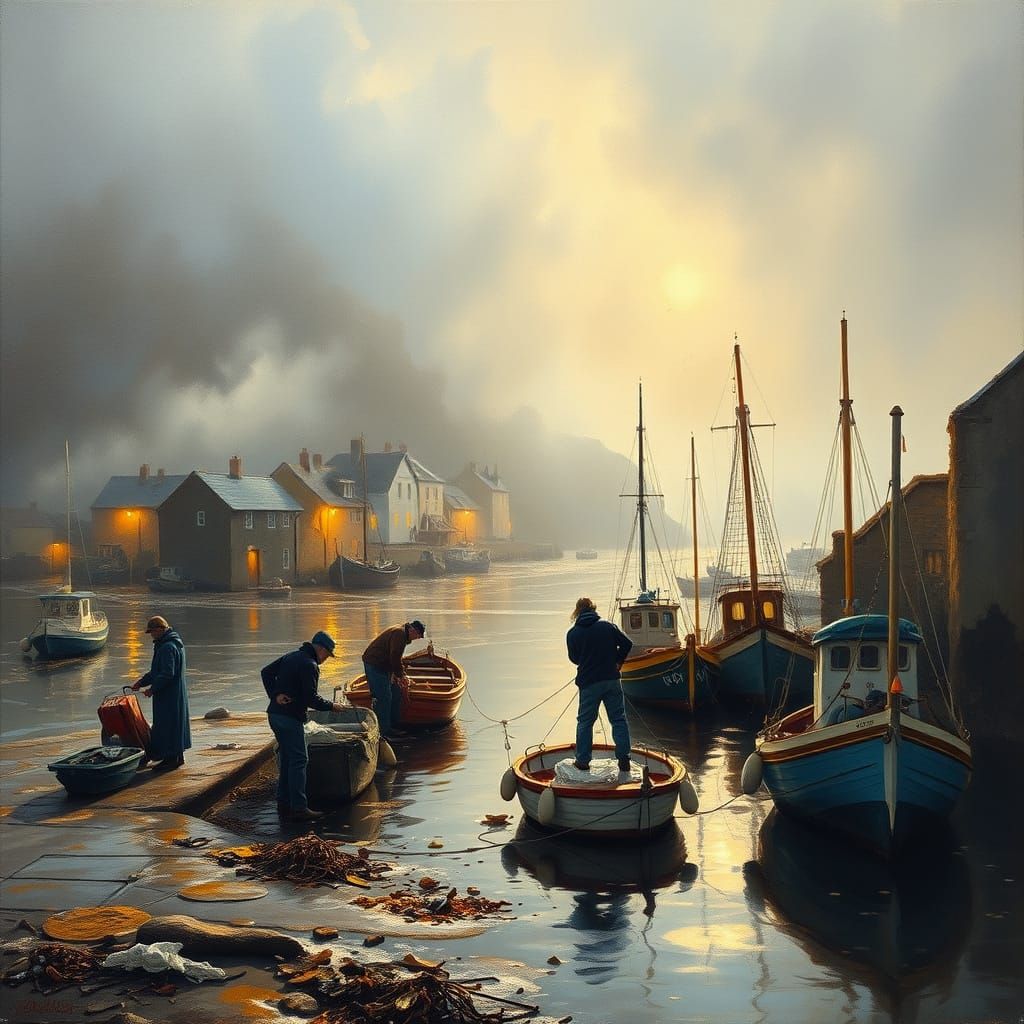 Port Isaac harbour, Cornwall and the sea mist is enveloping ...