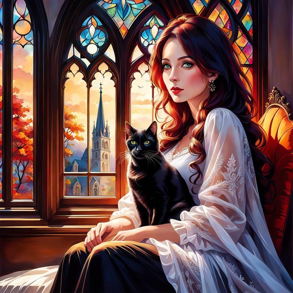 Woman and Cat on Gothic Windowsill in Vivid Colors