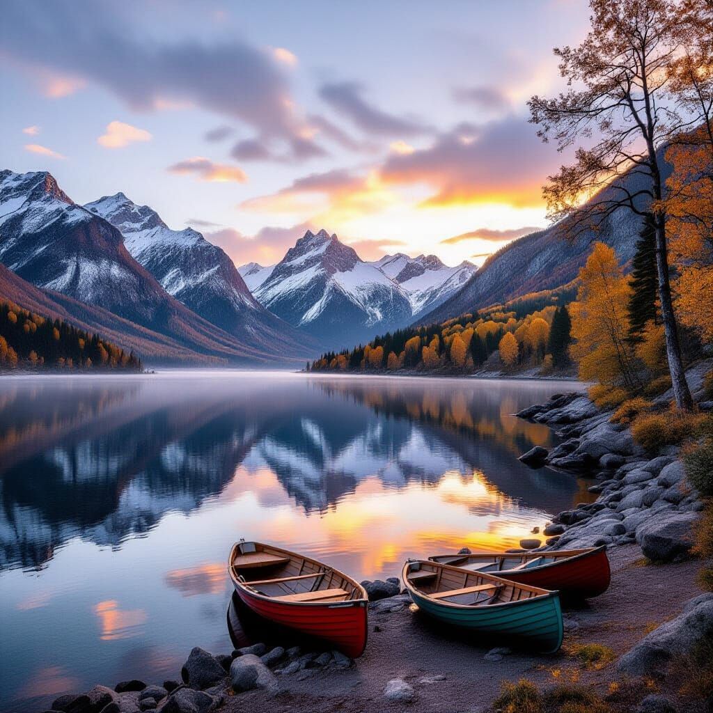 Autumn Evening Landscape with Falling Leaves