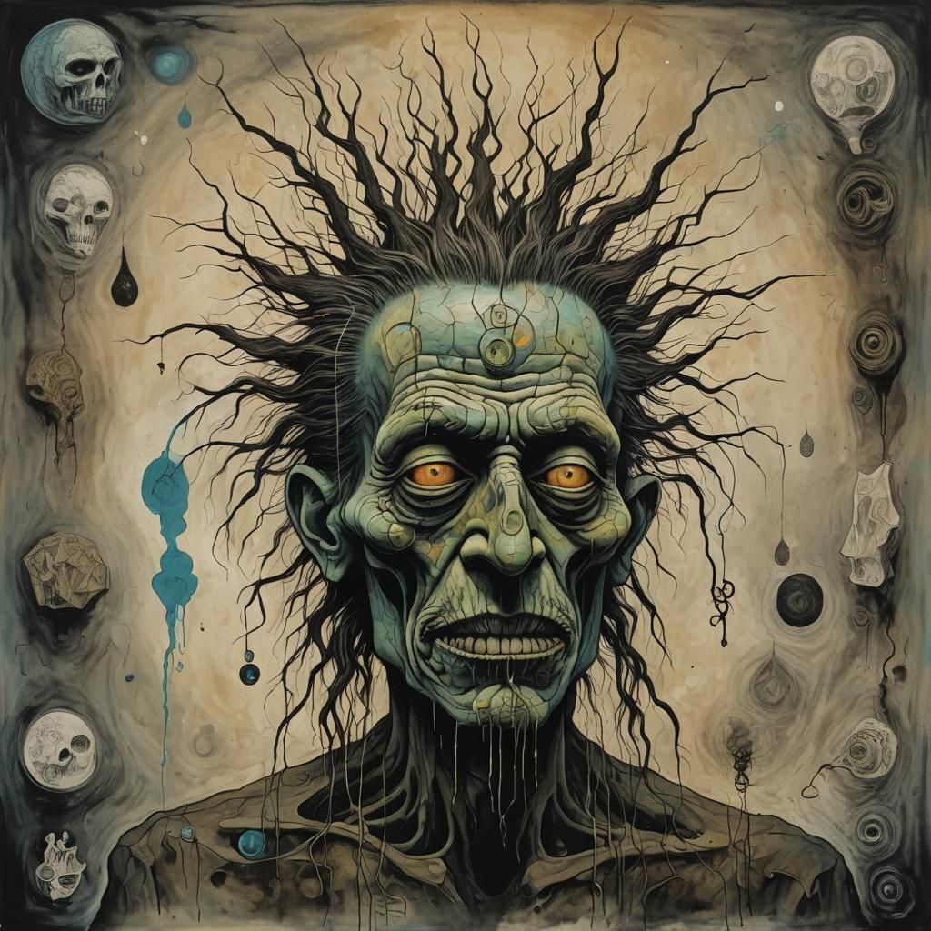 Surreal Shrunken Head in a Futuristic Landscape