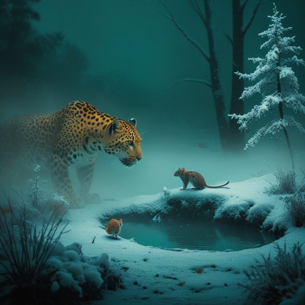 A Regal Leopard Contemplates a Mouse Amidst Winter Wonderlan...
