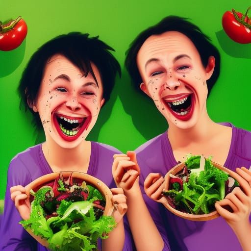 Siamese Twins Laughing Over Salad: Hyperrealistic Splash Art