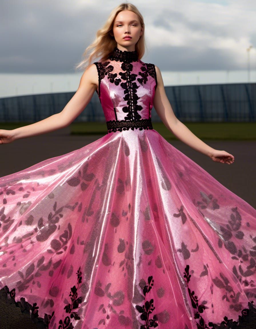 Pretty Woman in Translucent Pink Plastic Lace Dress