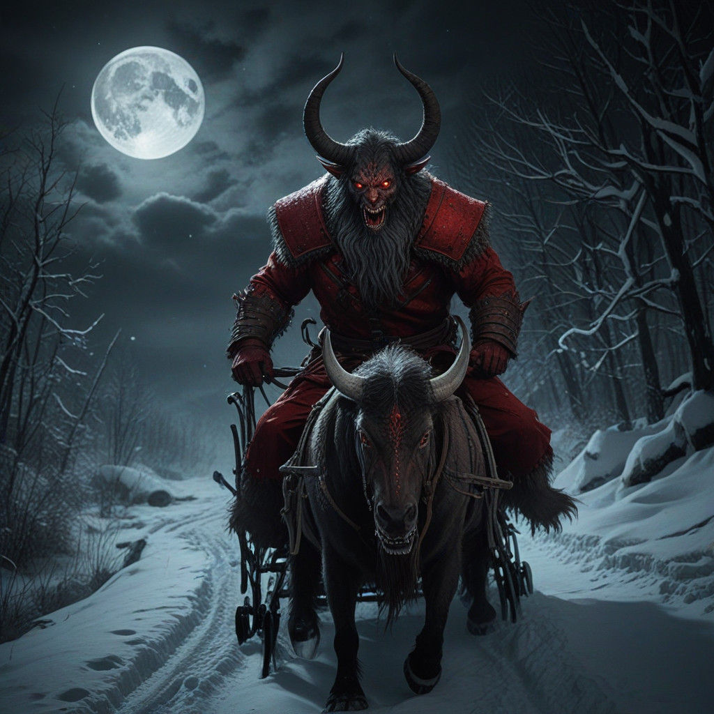 Krampus Rides Through a Moonlit Night in a Twisted Sleigh