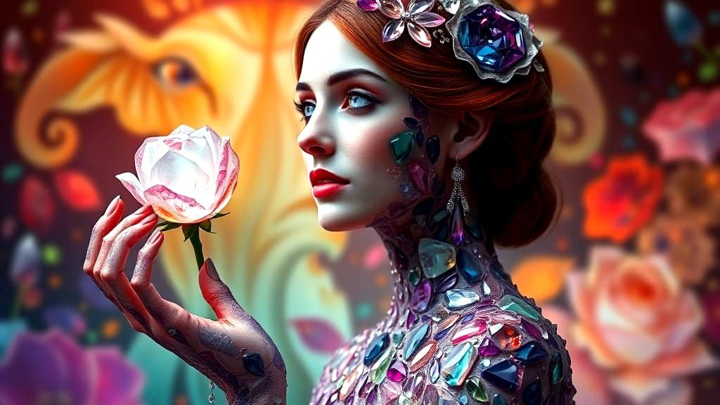 Gemstone Mosaic Woman Holding Crystal Rose