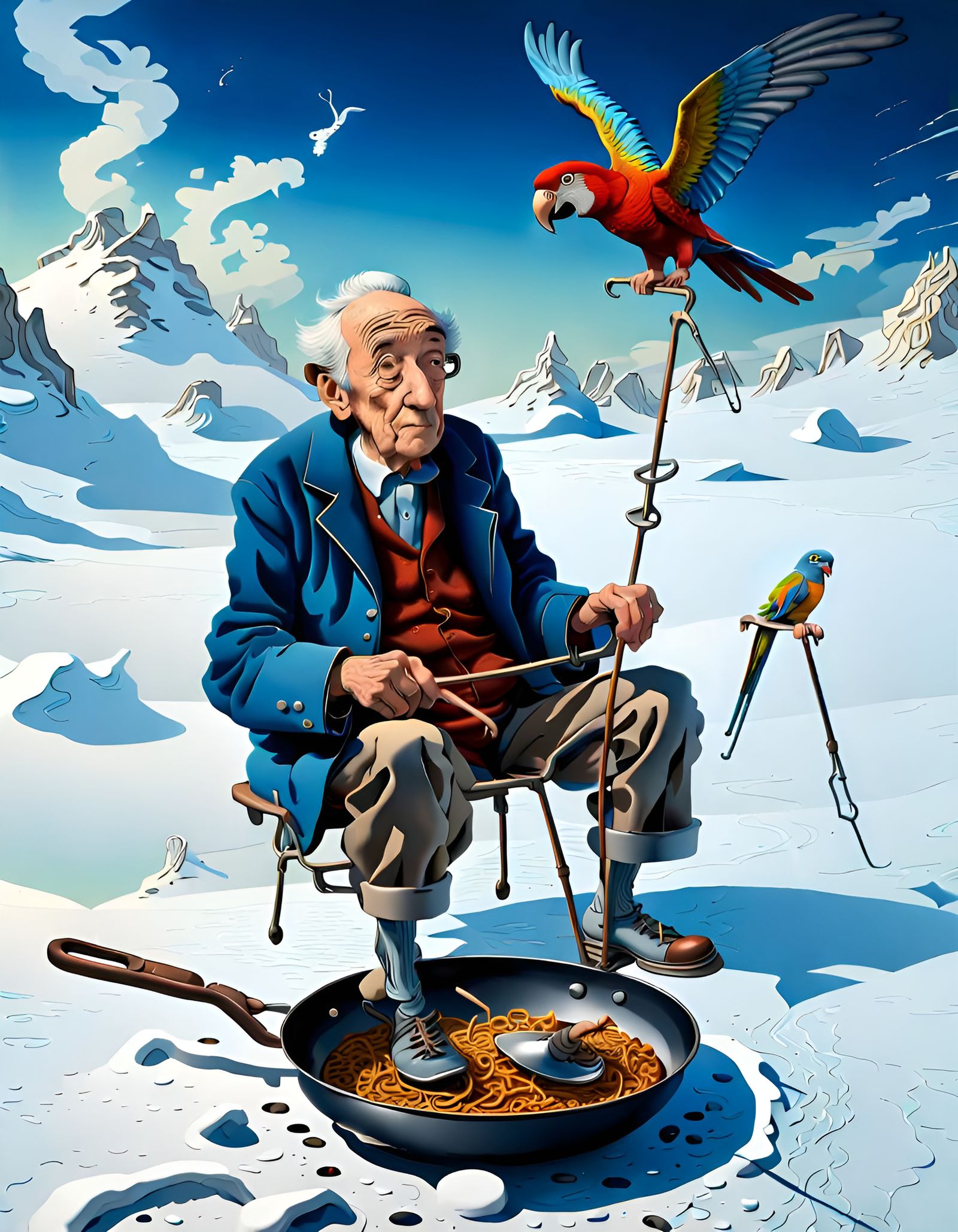 Surreal Old Man and Parrot in Snowfield, Psychedelic Art