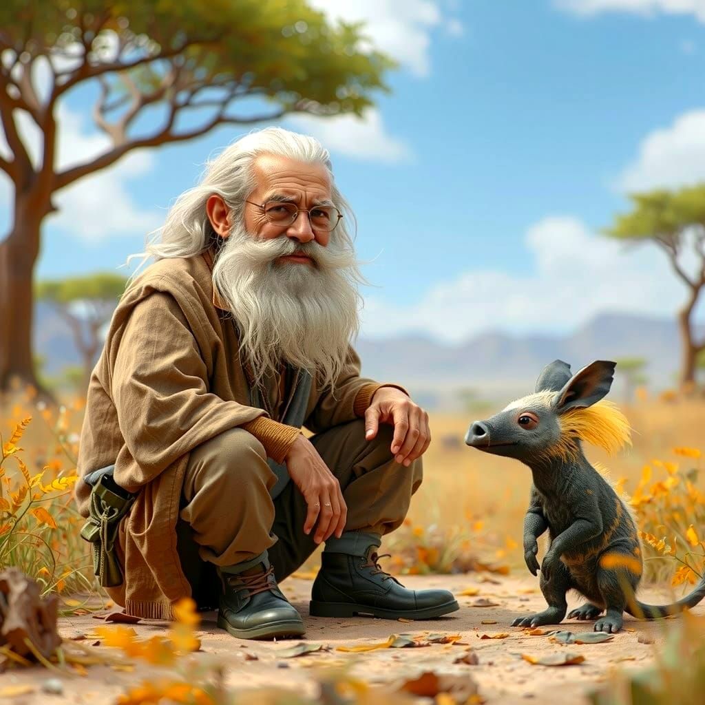 Old Man and Aardvark in African Savannah