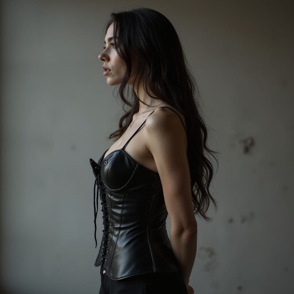 Elegant Gothic Fashion in Black Leather Corset