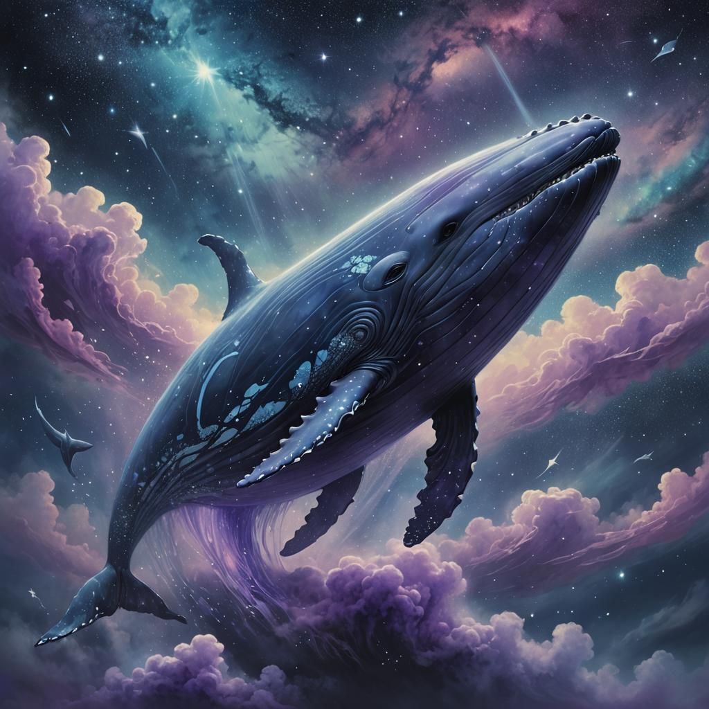 Ethereal Whale Soaring Through Starry Night Sky