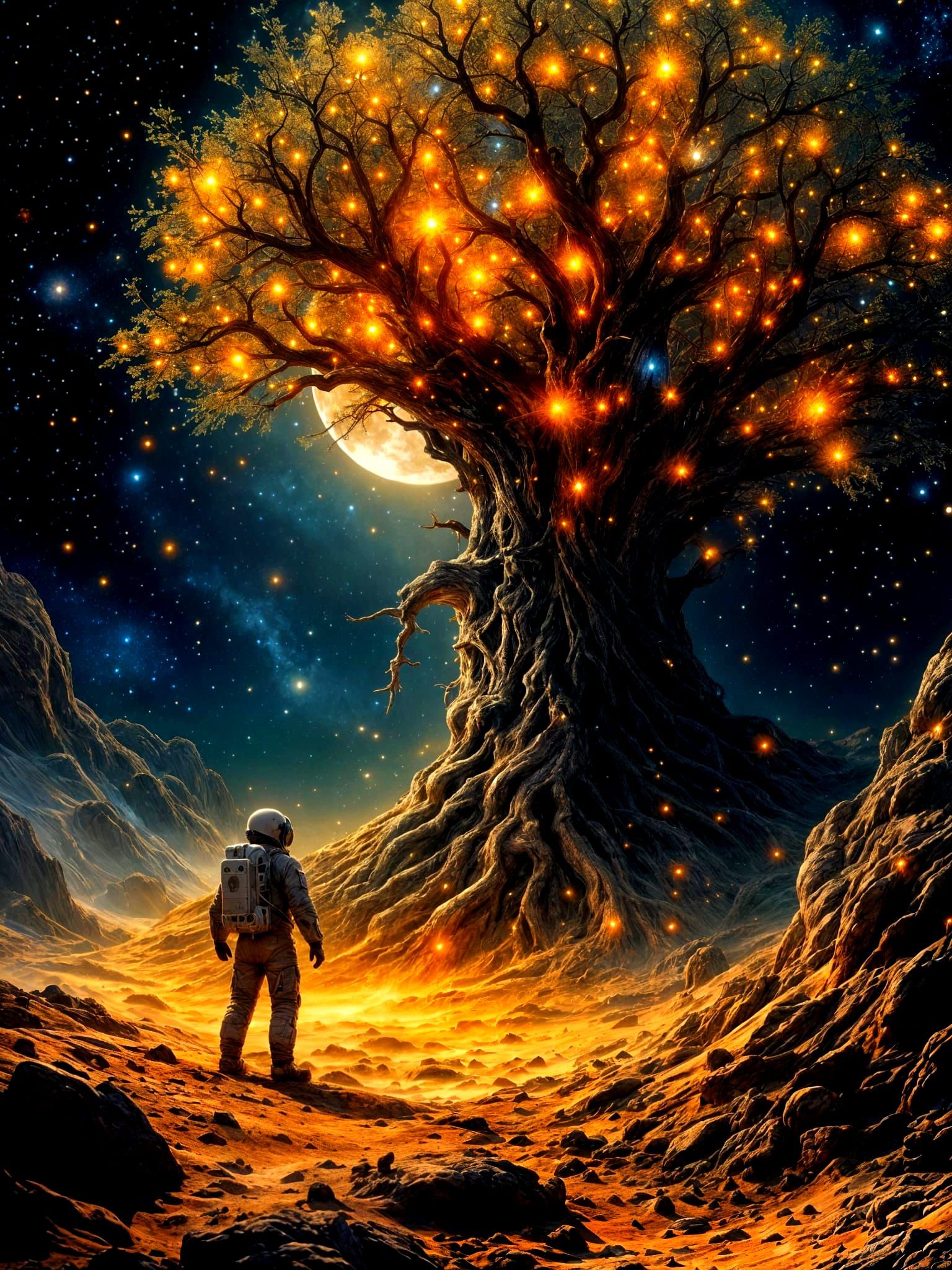 Astronaut Finds Cosmic Tree on Barren Moon