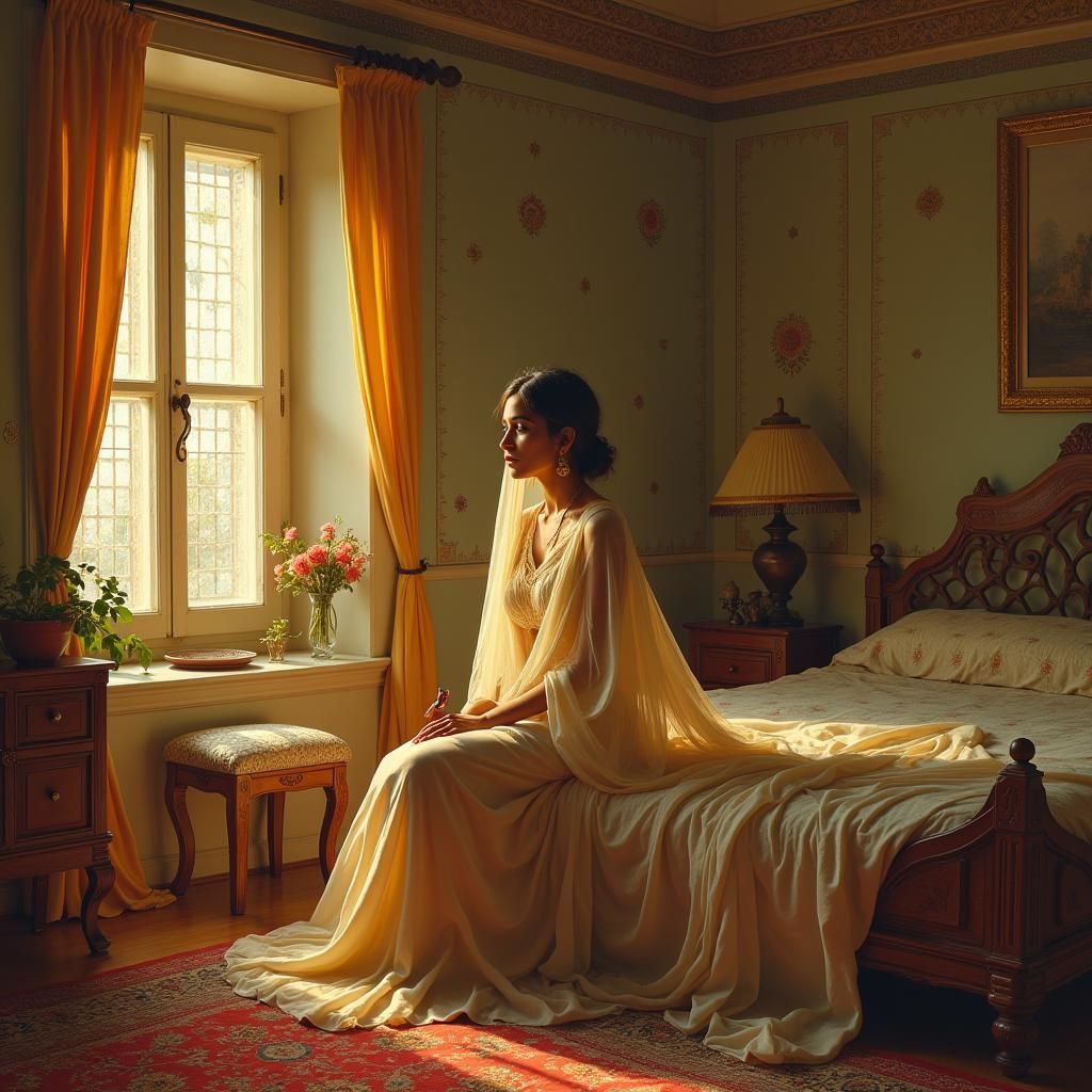 Elegant Indian Woman in Sunlit Bedroom, Classical Style