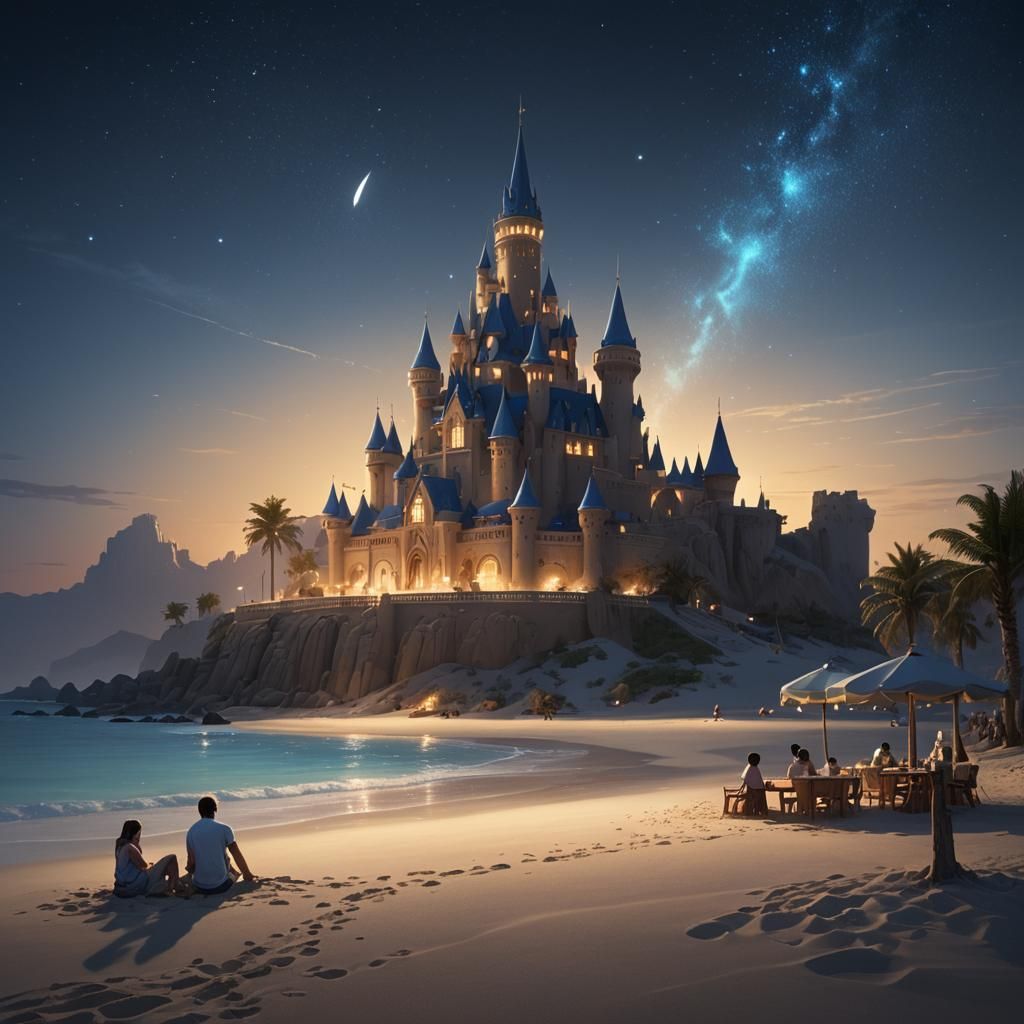 Glowing Sandcastle Cafe on Tranquil Beach