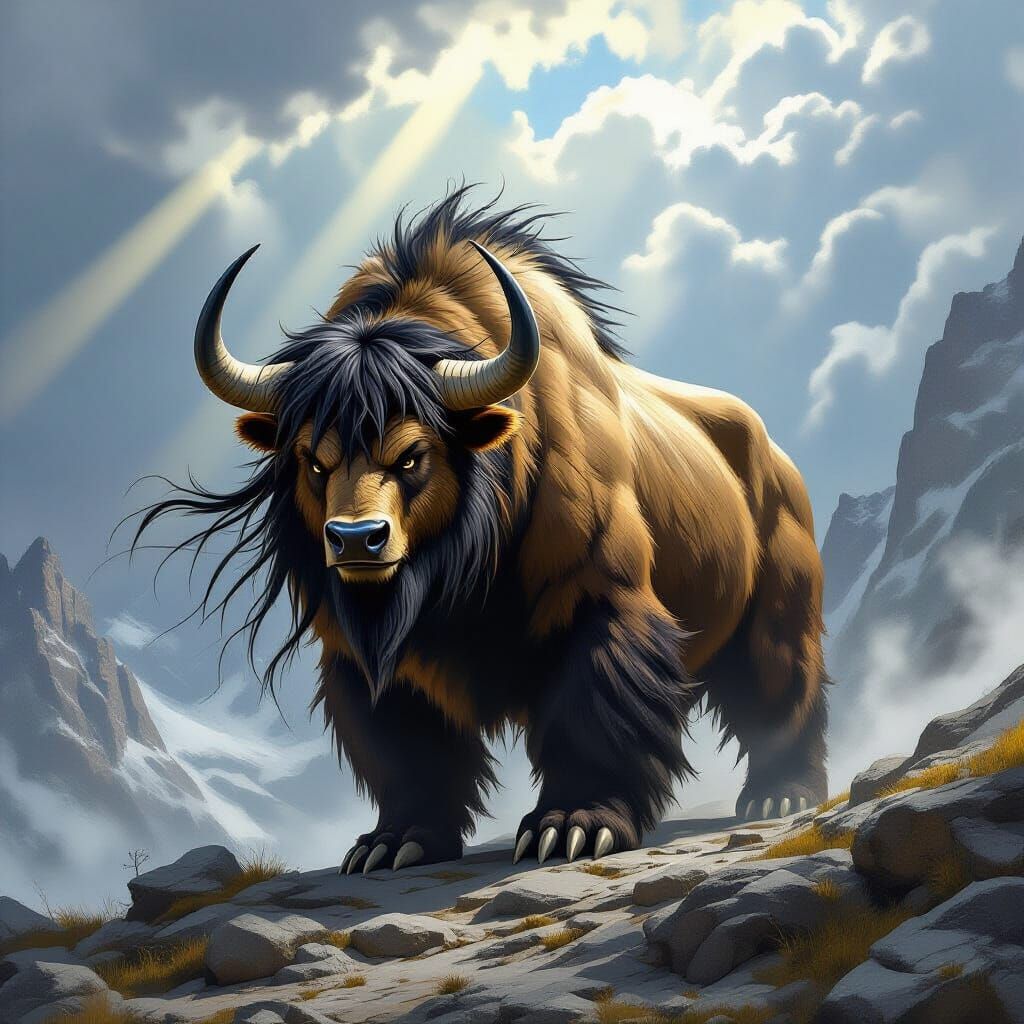 Majestic Yak-Grizzly Hybrid on Mountain Pass