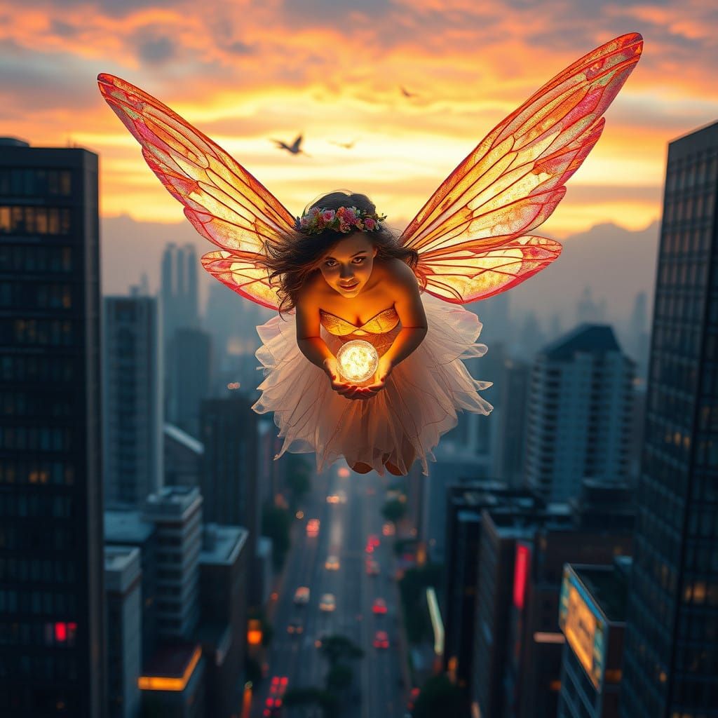 Ethereal Fairy Soars Above Modern Metropolis in Sunset Hues
