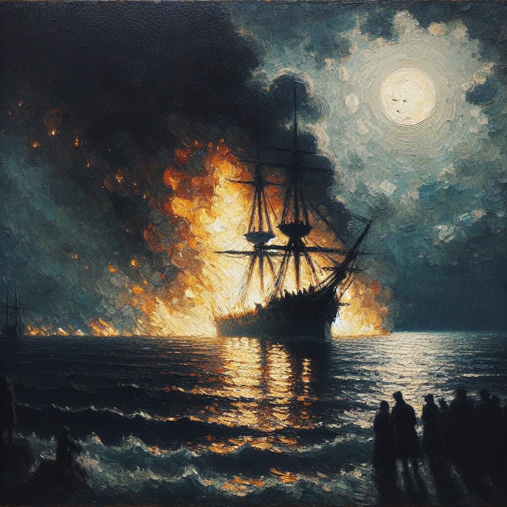 Burning Ship at Night: An Impressionist Seascape