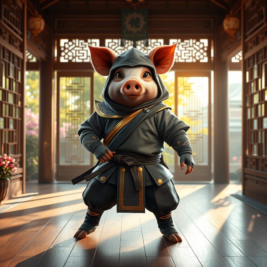 Majestic Ninja Pig Hero in Sunny Dojo Garden