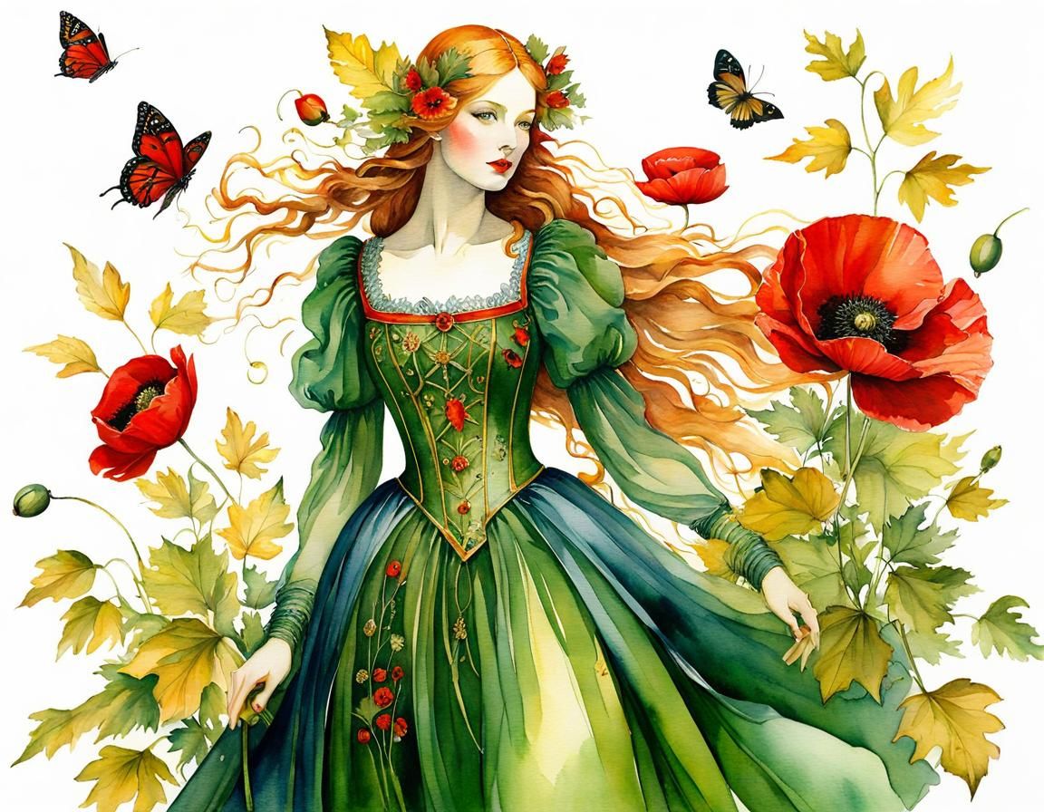Poppy Fairy Girl in Watercolor Style