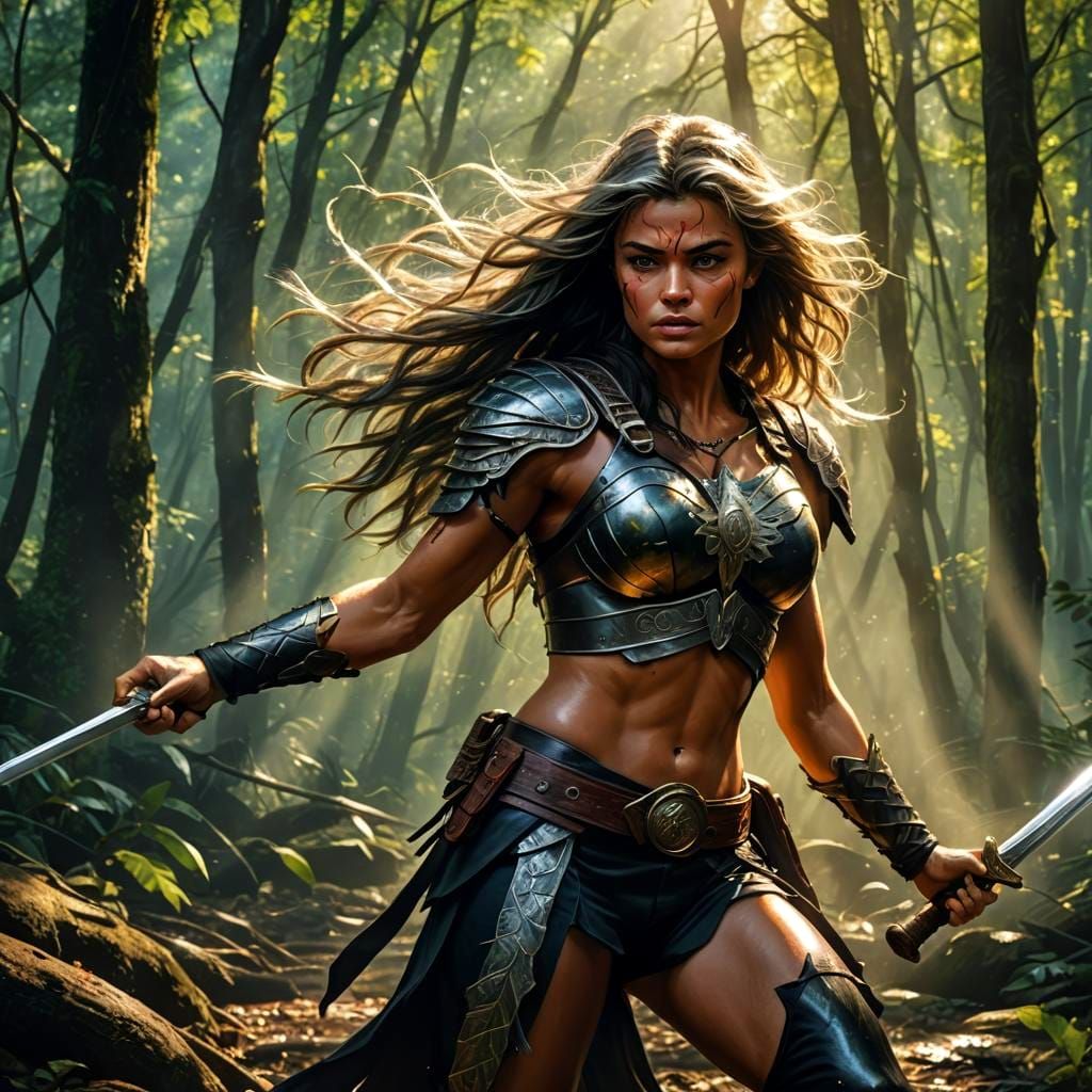 Amazon Warrior in Forest Battle, Hyperrealistic Style
