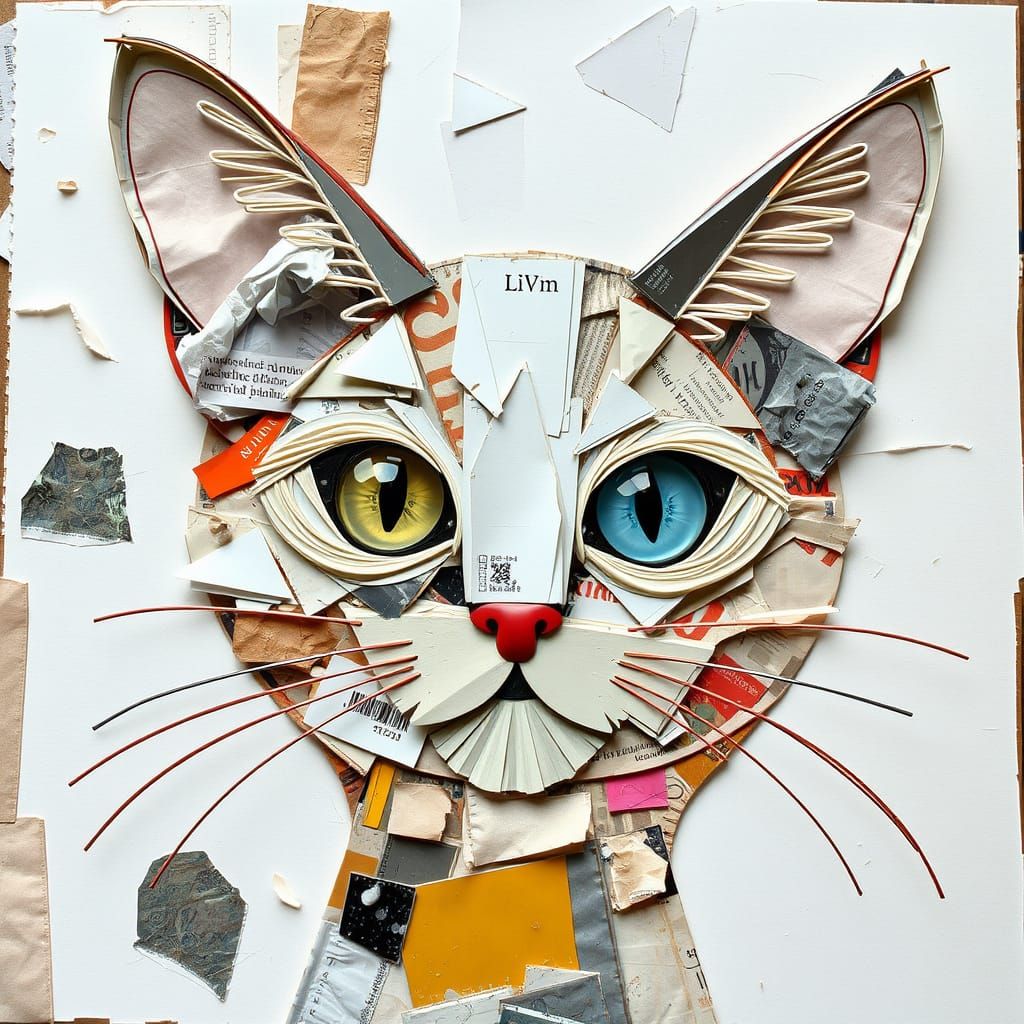 Whimsical Feline Assemblage in Vibrant Collage