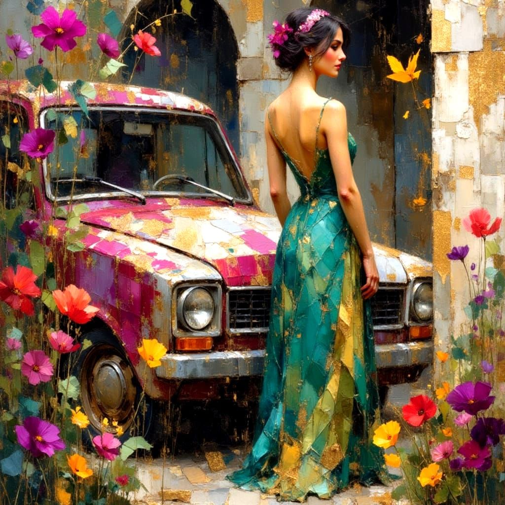 Woman with Vintage Car in Klimt Style